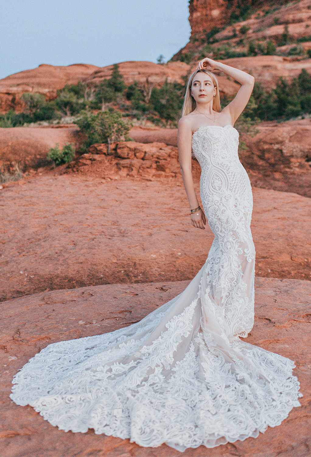 the Florina dress offers a sweetheart neckline that is very flattering. The dress features appliqued embellishments in a design that feels almost antique in inspiration. The train pools around the feet