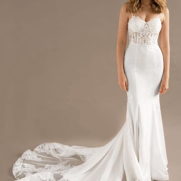 while the sweetheart bodice of the dress features pretty applique embell