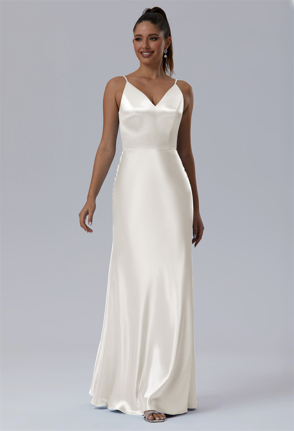 The sweatheart satin bridesmaid dress is a perfect mix of chic and charm. It has a halter neckline and a side-slit hem designed to make you shine in the party.