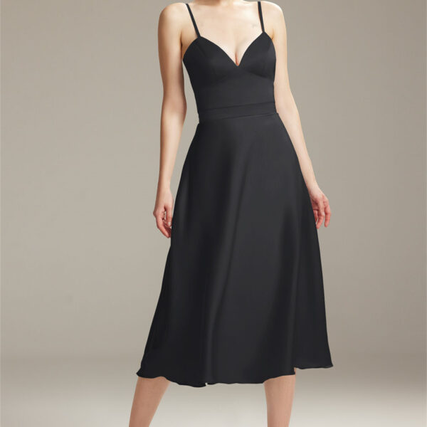 this tea length a-line satin charmeuse dress captivates with its sweetheart neckline and versatile sleeveless design
