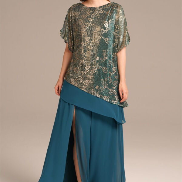 designed with shimmer pleated mesh and a floorl length cut to accentuate elegance at every turn.