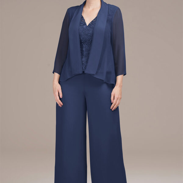complemented by a sheer chiffon coat with long sleeves. The ensemble balances modern lines with classic elegance