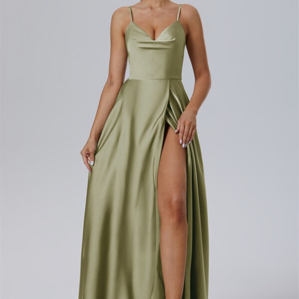 a floor-length A-Line beauty in Satin Charmeuse. This dress boasts a V-Neck and subtle spaghetti straps