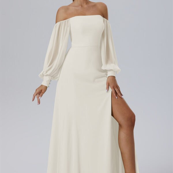 creating a unique blend of elegance and allure. Its A-Line silhouette and side slit add a touch of sensuality to this distinctive gown.