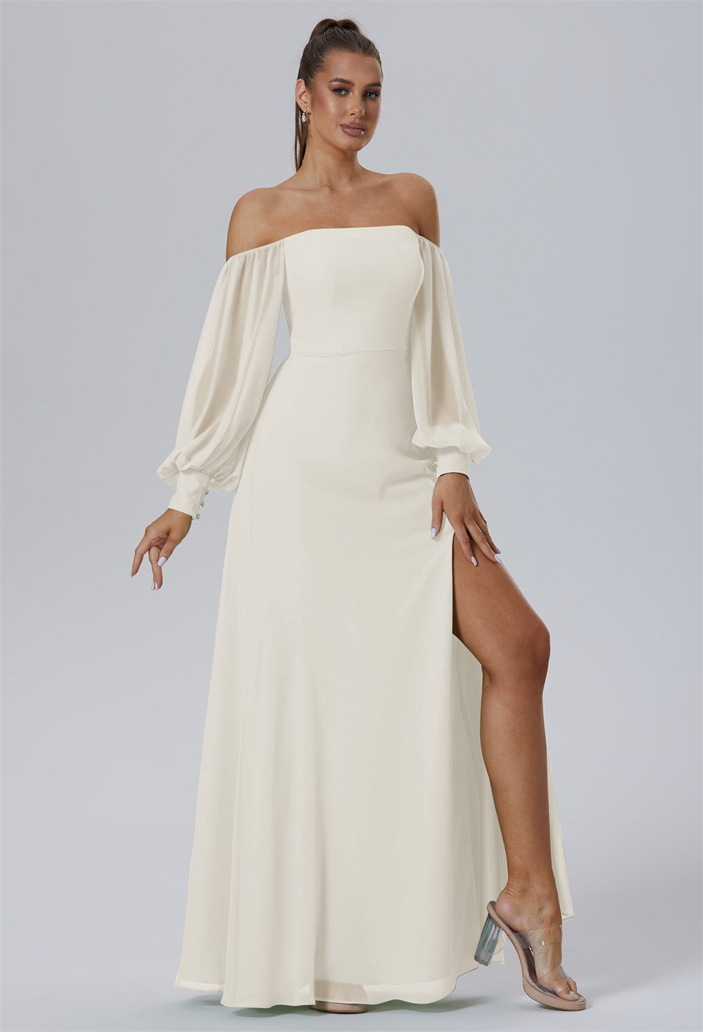 creating a unique blend of elegance and allure. Its A-Line silhouette and side slit add a touch of sensuality to this distinctive gown.