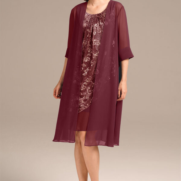 AW Michelle is a modern dress with an unmatched dose of finesse. This knee-length and free shimmer pleated mesh dress is for a classy mother who desires to look youthful. It's designed as a sleeveless jewel neckline outfit with column silhouette t