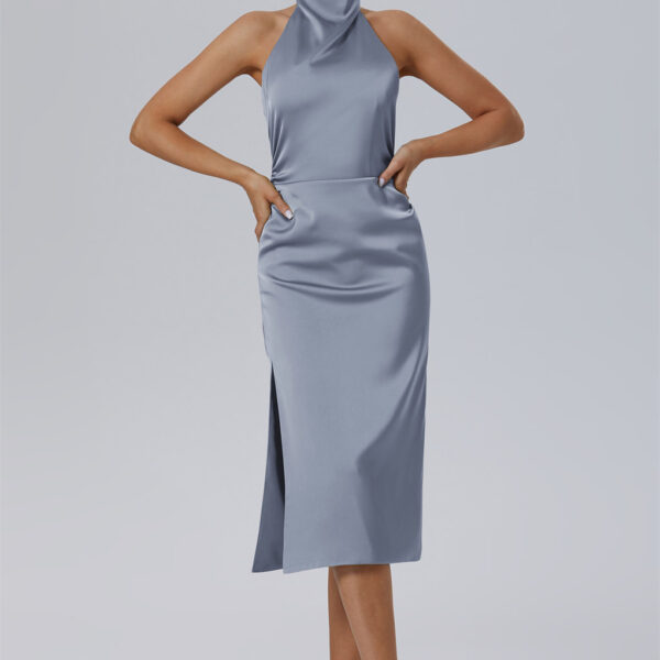 crafted from lustrous Satin Charmeuse. A tasteful halter neckline complements the semi-open back detail