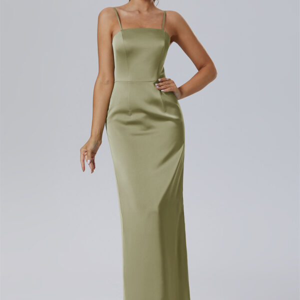 complemented by a tasteful square neckline and spaghetti straps. It features a built-in bra