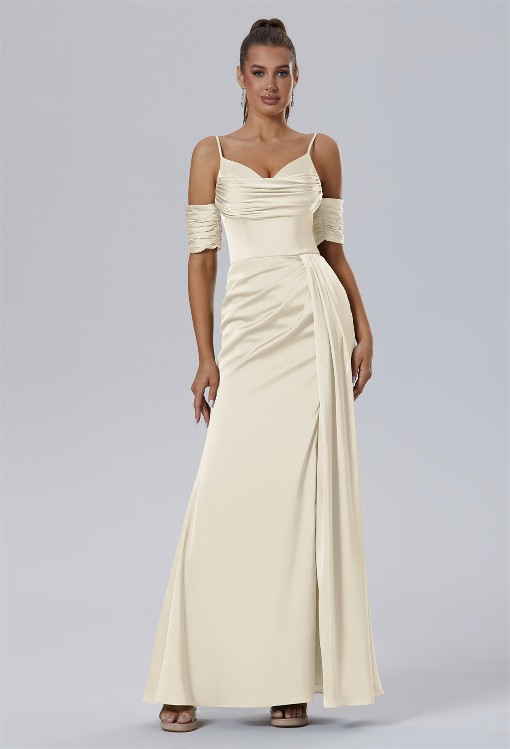 a floor-length mermaid silhouette in Satin Charmeuse