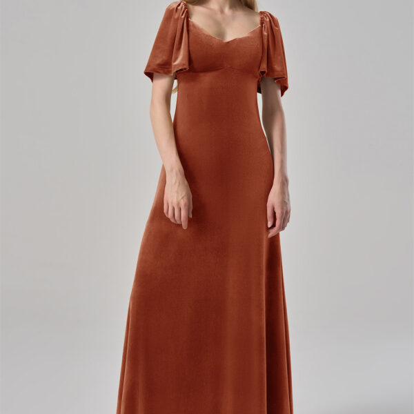 this dress features a v neckline and charming short butterfly sleeves