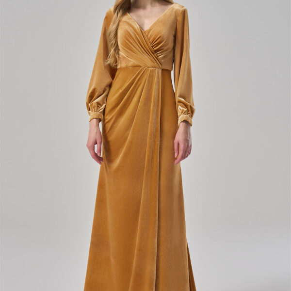 featuring a flattering V-neckline and long sleeves. The flowing A-line skirt adds a touch of sophistication