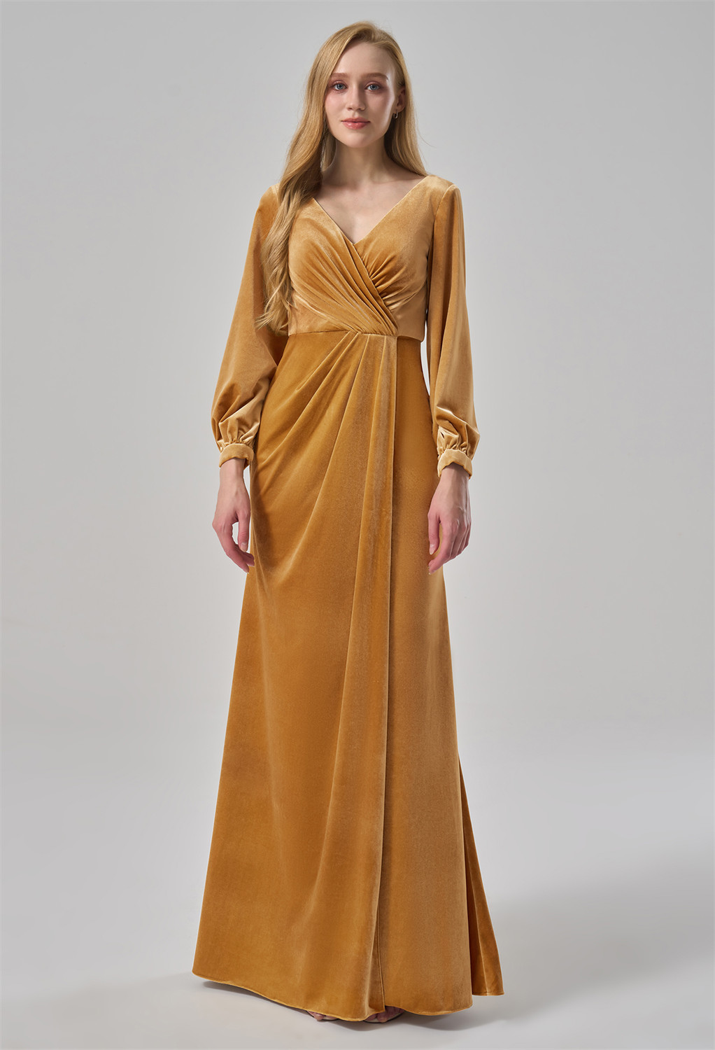 featuring a flattering V-neckline and long sleeves. The flowing A-line skirt adds a touch of sophistication
