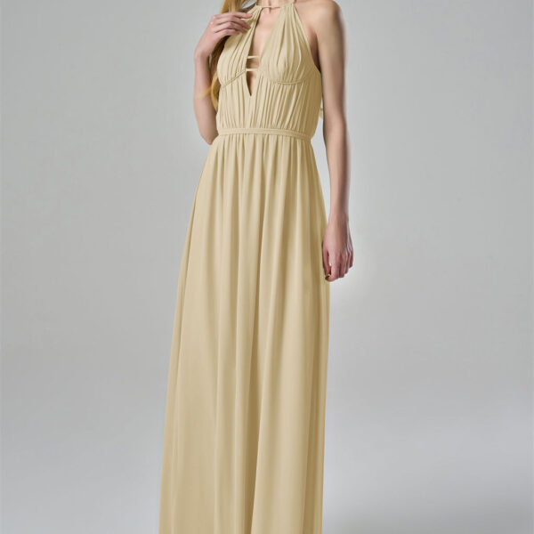 this chiffon bridesmaid dress features a halter neckline with delicate tie-back straps. The pleated bodice adds texture