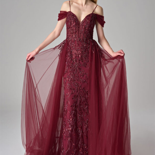 while the off-shoulder and spaghetti strap design adds a touch of sophistication. Perfect for prom and formal