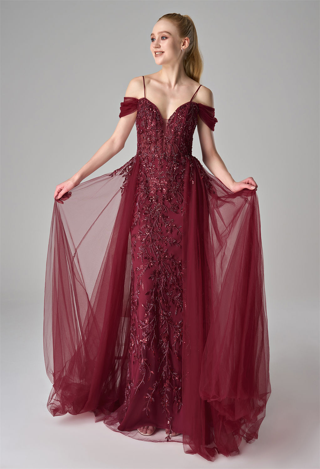 while the off-shoulder and spaghetti strap design adds a touch of sophistication. Perfect for prom and formal