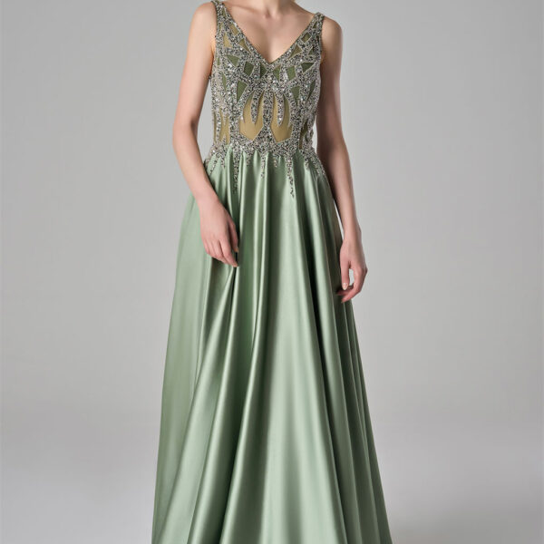 V-neck bodice embellished with intricate beadwork. The elegant satin skirt flows gracefully from the waist