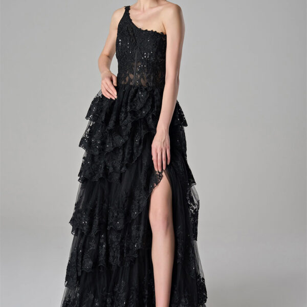lace-embroidered bodice. The layered ruffle skirt with intricate lace detailing and a high slit adds a touch of drama and elegance