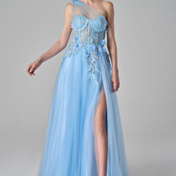 while the flowing tulle skirt includes a high slit for added elegan
