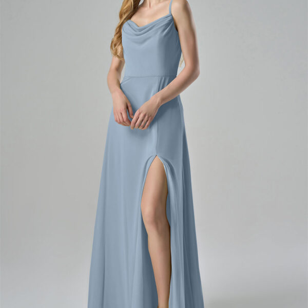 offering a timeless and sophisticated look. The fitted bodice flows into a long