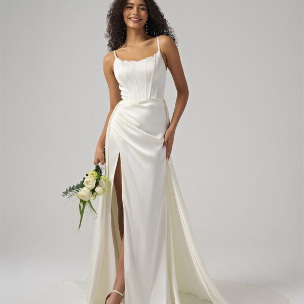 crafted from luxurious satin. This A-line gown features a floor-length hem