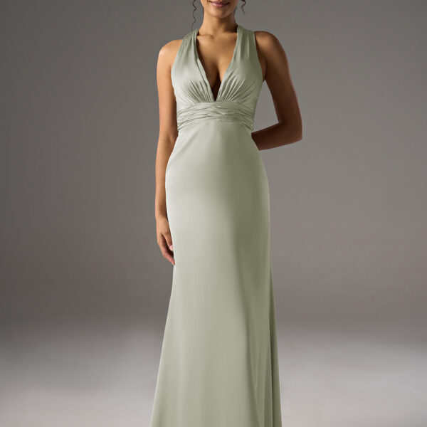 v-neck bridesmaid dress available in crystal satin or satin charmeuse. It features a free customization option and is available in various sizes.