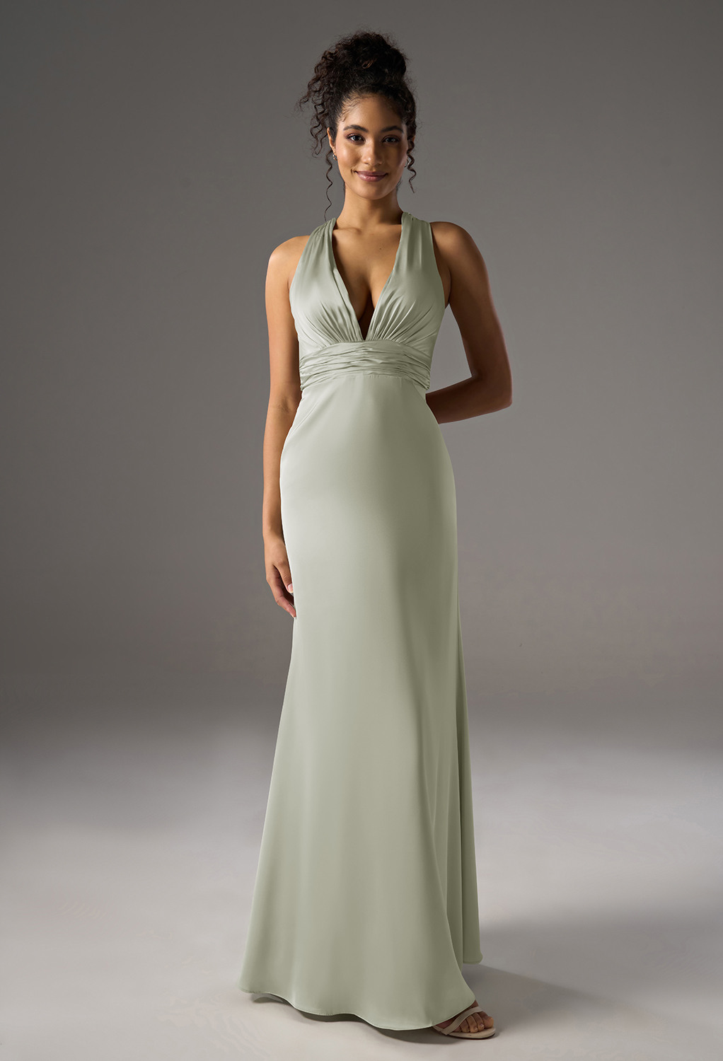 v-neck bridesmaid dress available in crystal satin or satin charmeuse. It features a free customization option and is available in various sizes.