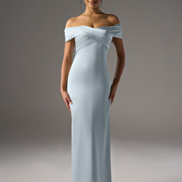 off-the-shoulder dress. It features a simple