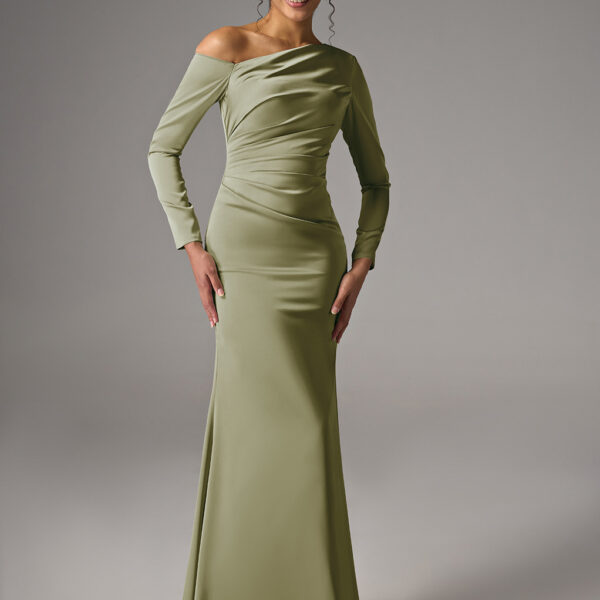 one-shoulder bridesmaid dress. It features a mermaid silhouette and is available in a variety of colors and sizes. This dress is perfect for formal weddings and other special occasions.