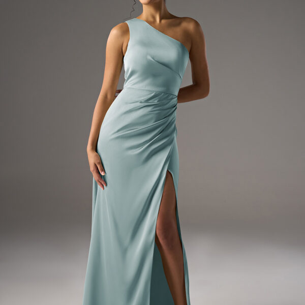 one-shoulder bridesmaid dress made from satin charmeuse or crystal satin. This dress is suitable for formal occasions such as weddings and proms.