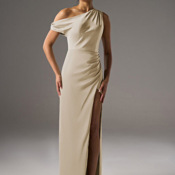 one-shoulder bridesmaid dress made from luxurious satin charmeuse or crystal satin. It is available in a variety of colors and sizes