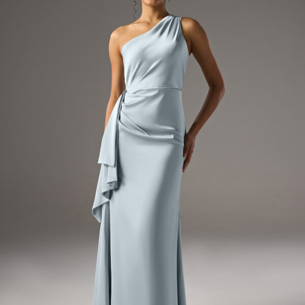 A-line bridesmaid dress. It features a one-shoulder neckline and sleeveless