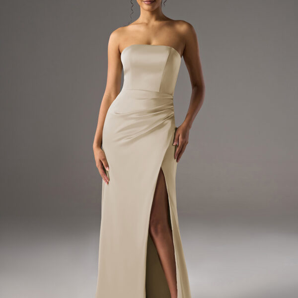 mermaid bridesmaid dress. It features a straight neckline and sleeveless