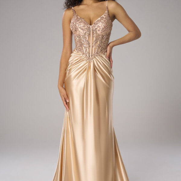 This sophisticated mermaid gown in knitted fabric features a V-neck and sleeveless spaghetti straps. Its floor-length silhouette is perfect for weddings or elegant evening events. Radiate charm and grace with this exquisite dress.