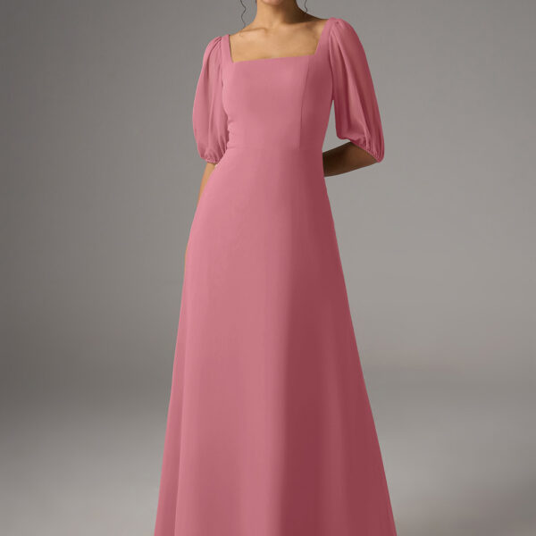 this A-line silhouette features a floor-length hem and a square neckline. The strapless design with short sleeves is perfect for weddings or formal occasions. Embrace a blend of s