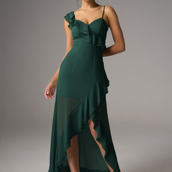 Discover charm with the AW Ameera Dress. This chiffon A-line design features a hi-lo hem and a V-neckline. The sleeveless style with spaghetti straps makes it perfect for garden parties or cocktail events. Step into effortless elegance.