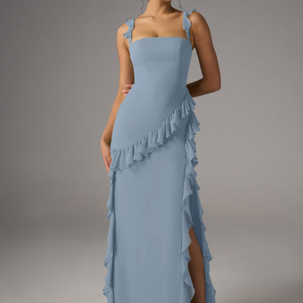 Elevate your elegance with the AW Jaydon Dress. This chiffon A-line gown features a floor-length hem and a square neckline. The sleeveless design with spaghetti straps is perfect for weddings or sophisticated gatherings. Embrace timeless style effortlessl