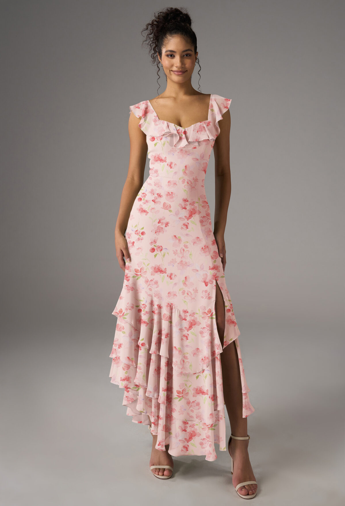 featuring a chiffon A-line silhouette with an ankle-length hem and a V-neckline. The sleeveless design with spaghetti straps is perfect for summer weddings or elegant soiru00e9es. Step into effortless sophistication.