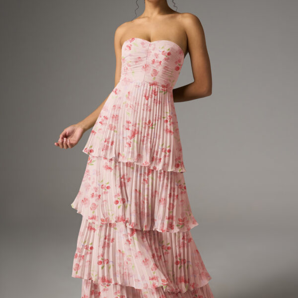 a chiffon A-line gown with a floor-length hem and sweetheart neckline. The sleeveless