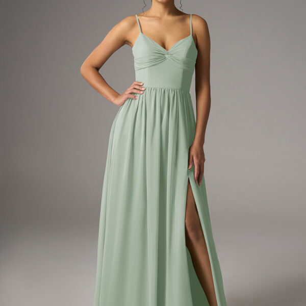 featuring a chiffon A-line silhouette with a floor-length hem and V-neckline. The sleeveless design with spaghetti straps is perfect for garden parties or elegant weddings. Step into effortless charm and sophistication.