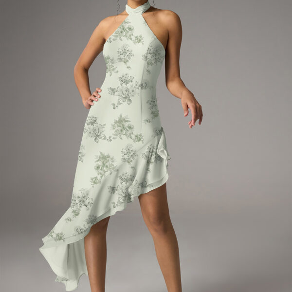 a chiffon A-line design with a tea-length hem and unique turtleneck. The sleeveless