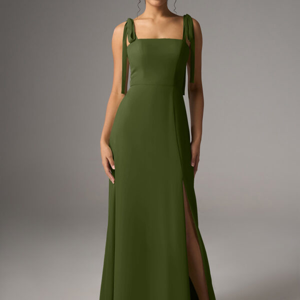 crafted from chiffon in an A-line silhouette with a floor-length hem and square neckline. The sleeveless design with spaghetti straps is ideal for formal occasions or summer weddings. Experience timeless elegance and style