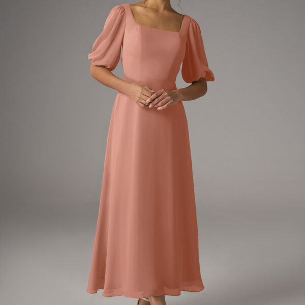 featuring an A-line silhouette in chiffon with an ankle-length hem and square neckline. The strapless design with optional short sleeves is perfect for garden parties or elegant evening events. Embrace graceful sophisticati