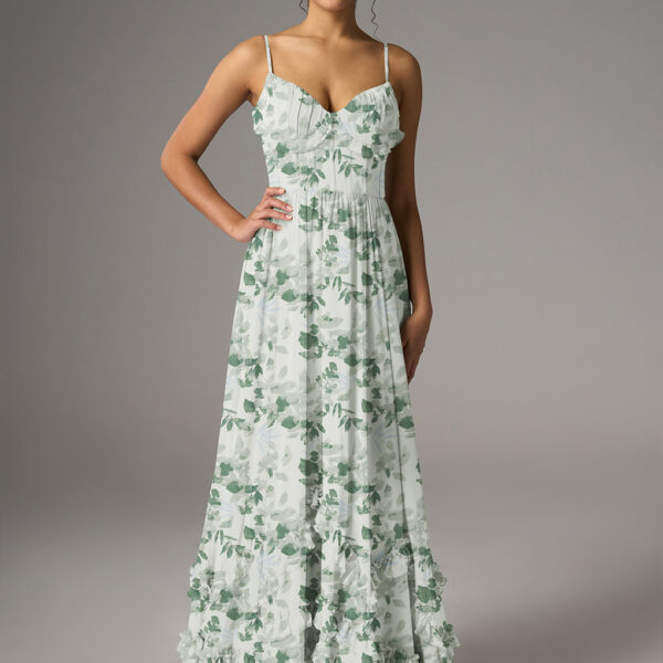 featuring a chiffon A-line silhouette with a floor-length hem and elegant V-neck. The sleeveless design with spaghetti straps is perfect for weddings or formal occasions