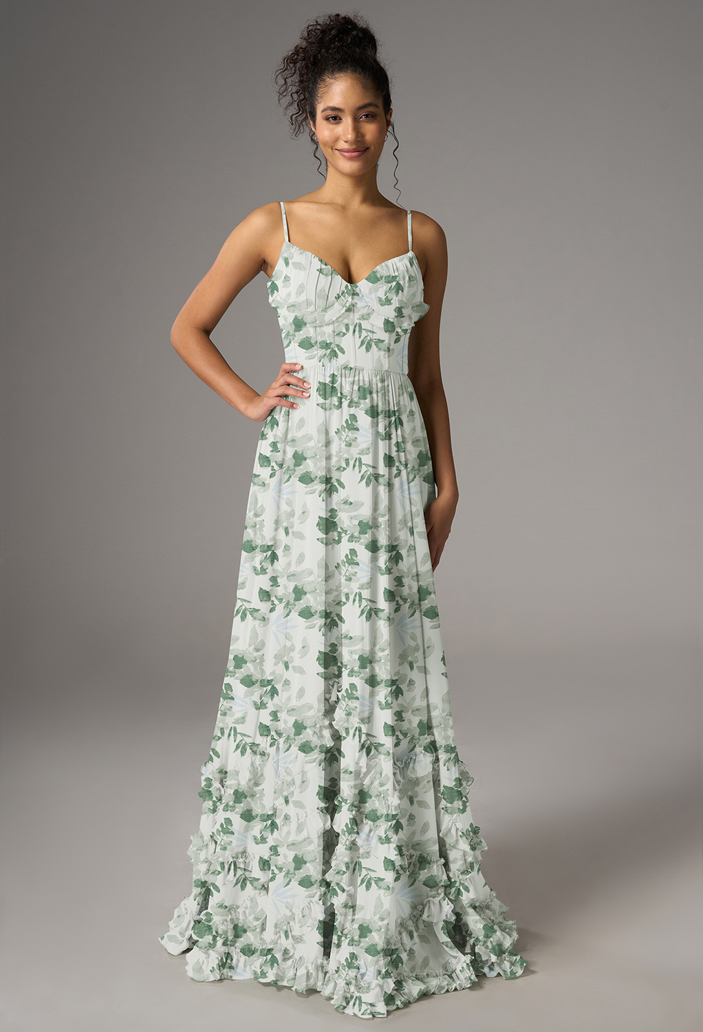 featuring a chiffon A-line silhouette with a floor-length hem and elegant V-neck. The sleeveless design with spaghetti straps is perfect for weddings or formal occasions
