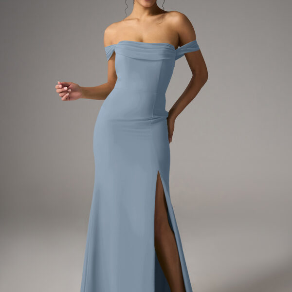 a chiffon mermaid silhouette with a floor-length hem and straight neckline. The strapless