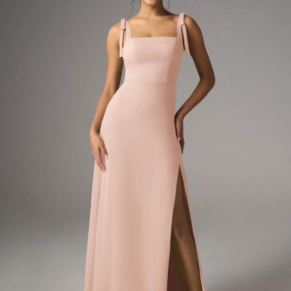 featuring a chiffon A-line silhouette with a floor-length hem and square neckline. The sleeveless