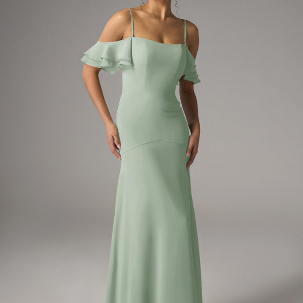 a chiffon A-line silhouette with a floor-length hem and square neckline. The off-the-shoulder design with spaghetti straps adds a touch of romance