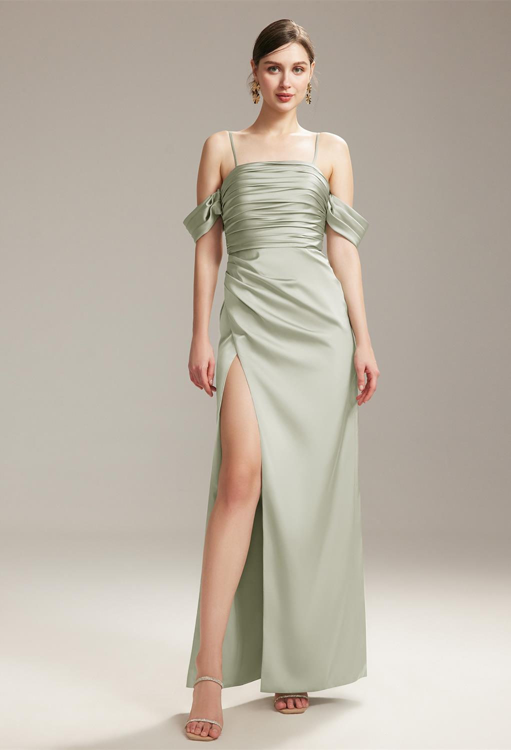 off-shoulder A-line design perfect for those seeking a trendy look. This fashionable and floor-length