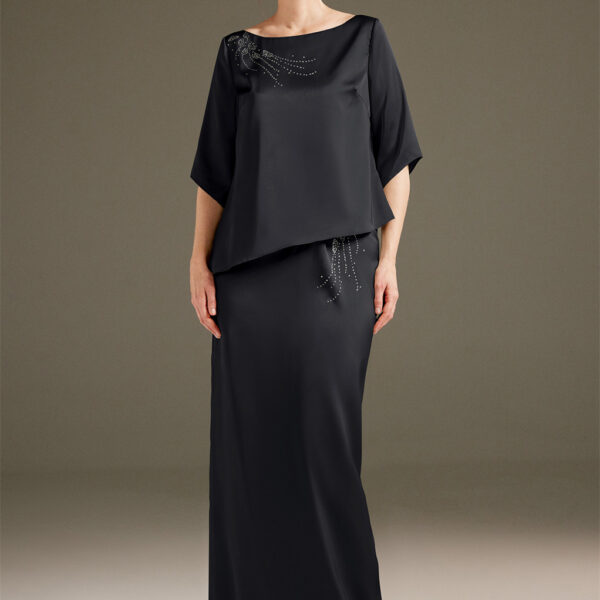 having a slit at the back. The satin charme