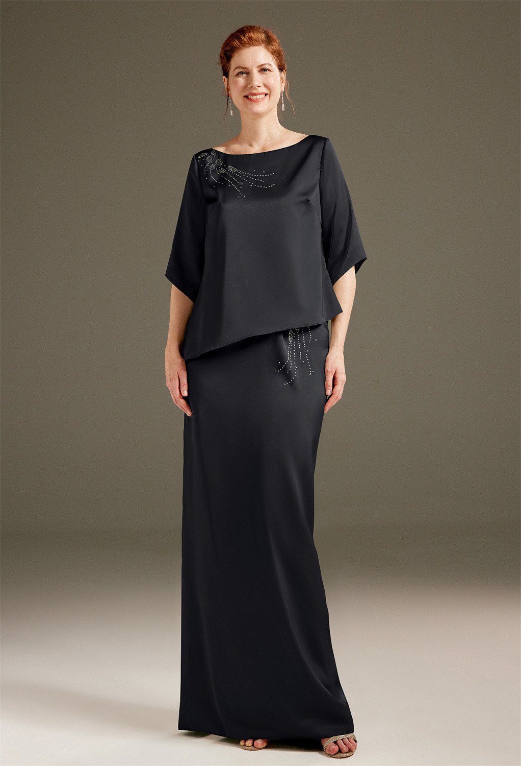 having a slit at the back. The satin charme
